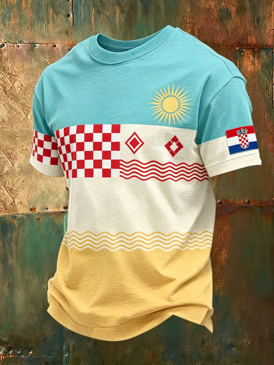 Muška umjetnička majica s kratkim rukavima u crveno-bijelu kocku, hrvatska tema