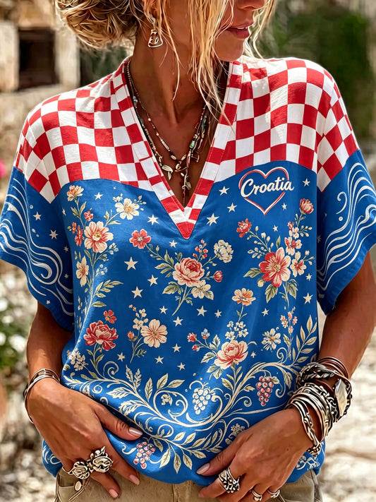 Ženska umjetnička tisak crveno-bijela kockasta majica s kratkim rukavima