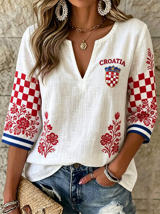 Ženska majica s V-izrezom s umjetničkom grafikom nogometne utakmice u Hrvatskoj