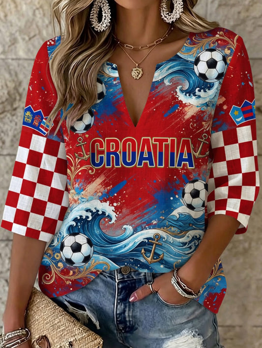 Ženska umjetnička print majica s V-izrezom za navijanje na nogometnoj utakmici Hrvatske
