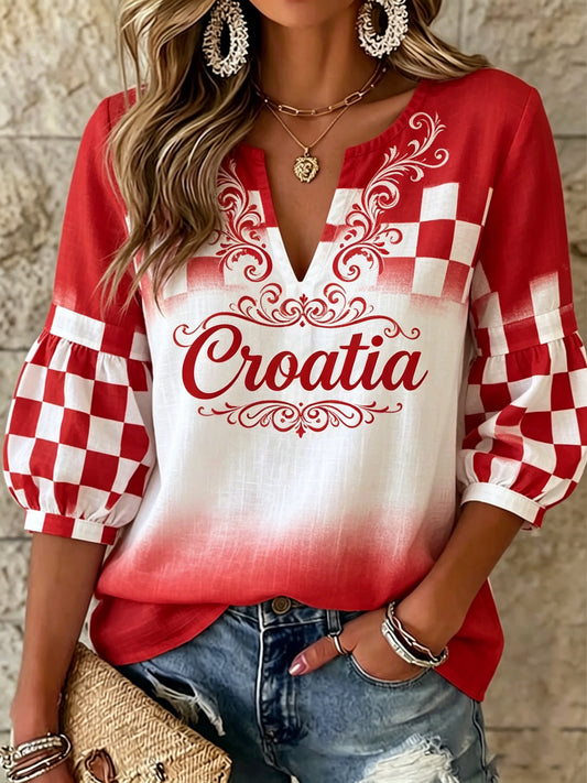 Ženska majica s v-izrezom i hrvatskim cvjetnim umjetničkim uzorkom