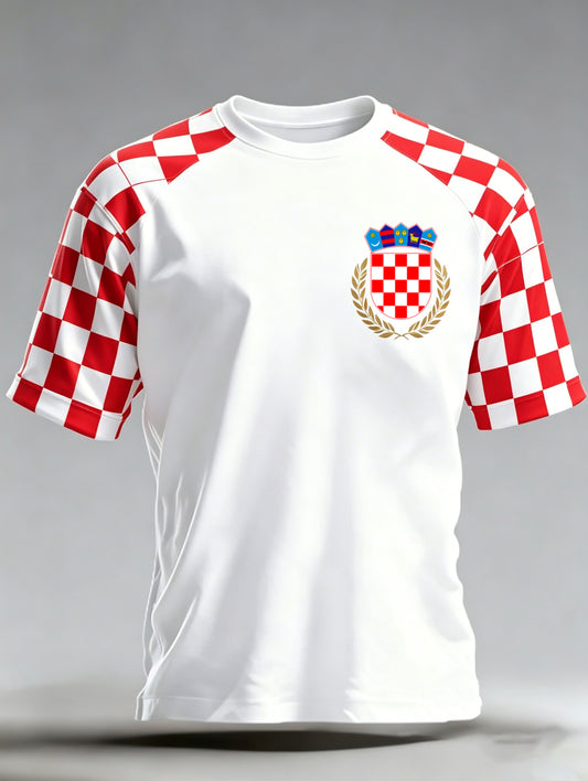 Muški majica s uzorkom u stilu križnog šiva, s motivom hrvatske nogometne utakmice i umjetničkim printom
