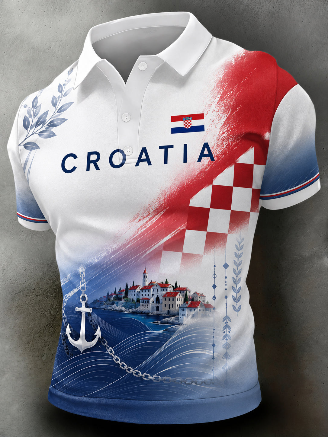 Polo majica za muškarce s umjetničkom grafikom u patchwork stilu s hrvatskom zastavom