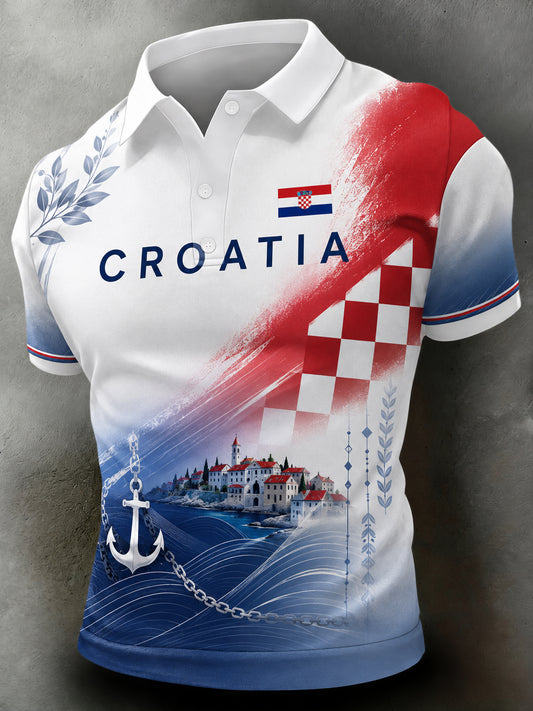 Polo majica za muškarce s umjetničkom grafikom u patchwork stilu s hrvatskom zastavom