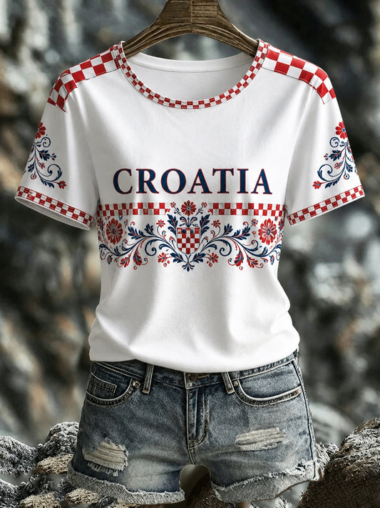 Ženska majica: hrvatski crvena i bijela dama Geometrijska cvjetna umjetnost Ispis