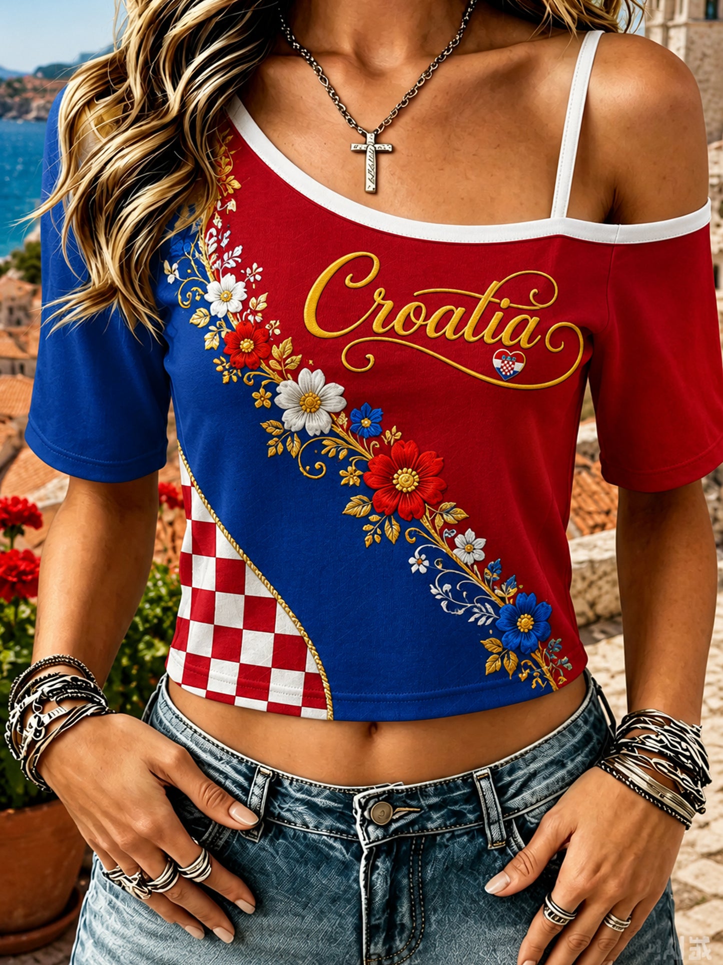 Ženski hrvatski cvjetni ispis off-Shoulder vrhunac