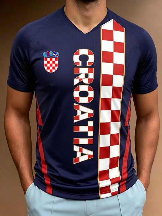 Muška majica s umjetničkom grafikom hrvatske nogometne utakmice i navijačkim elementima