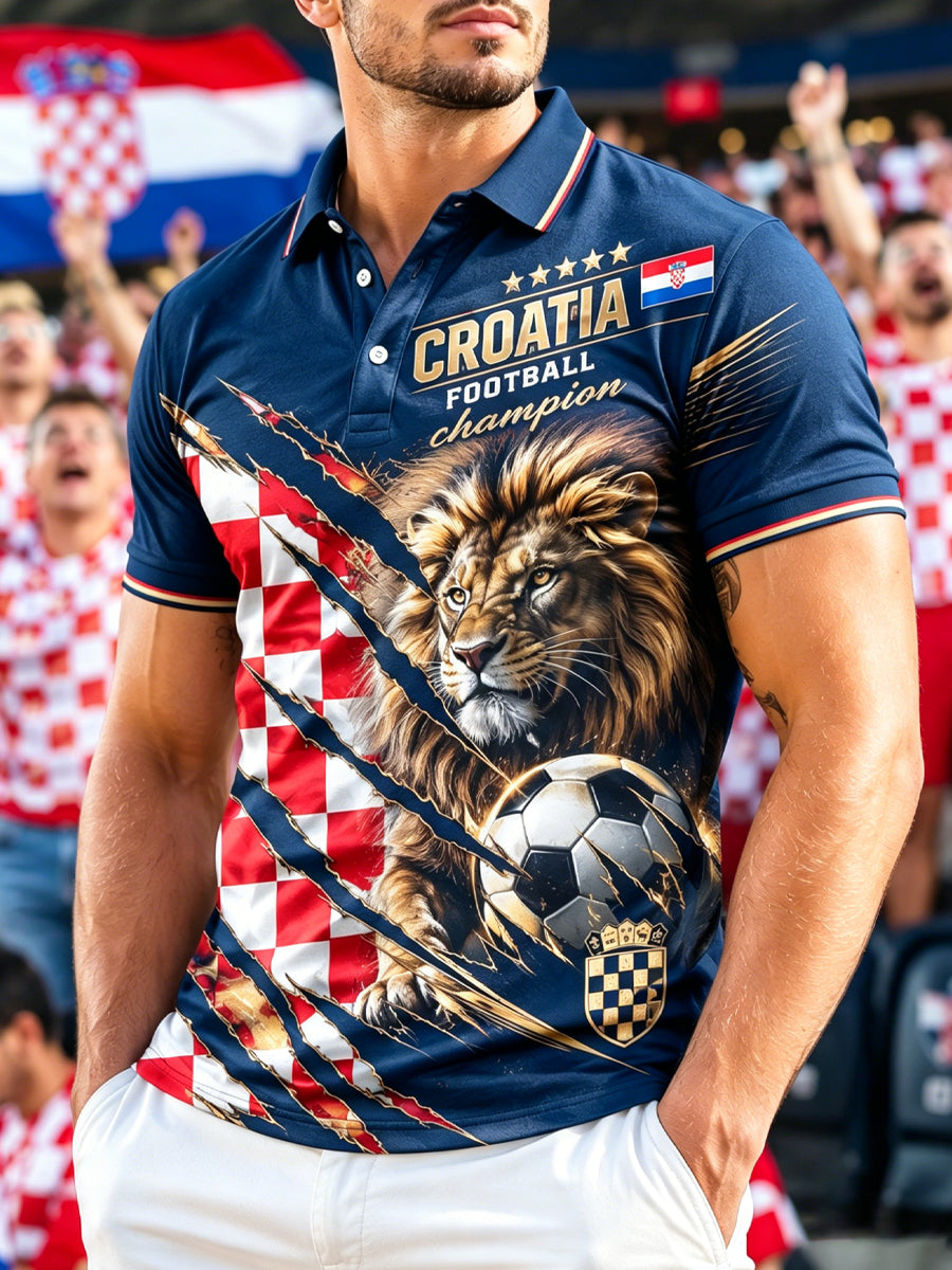 Muška majica polo s V-izrezom s umjetničkom grafikom navijanja na hrvatskoj nogometnoj utakmici
