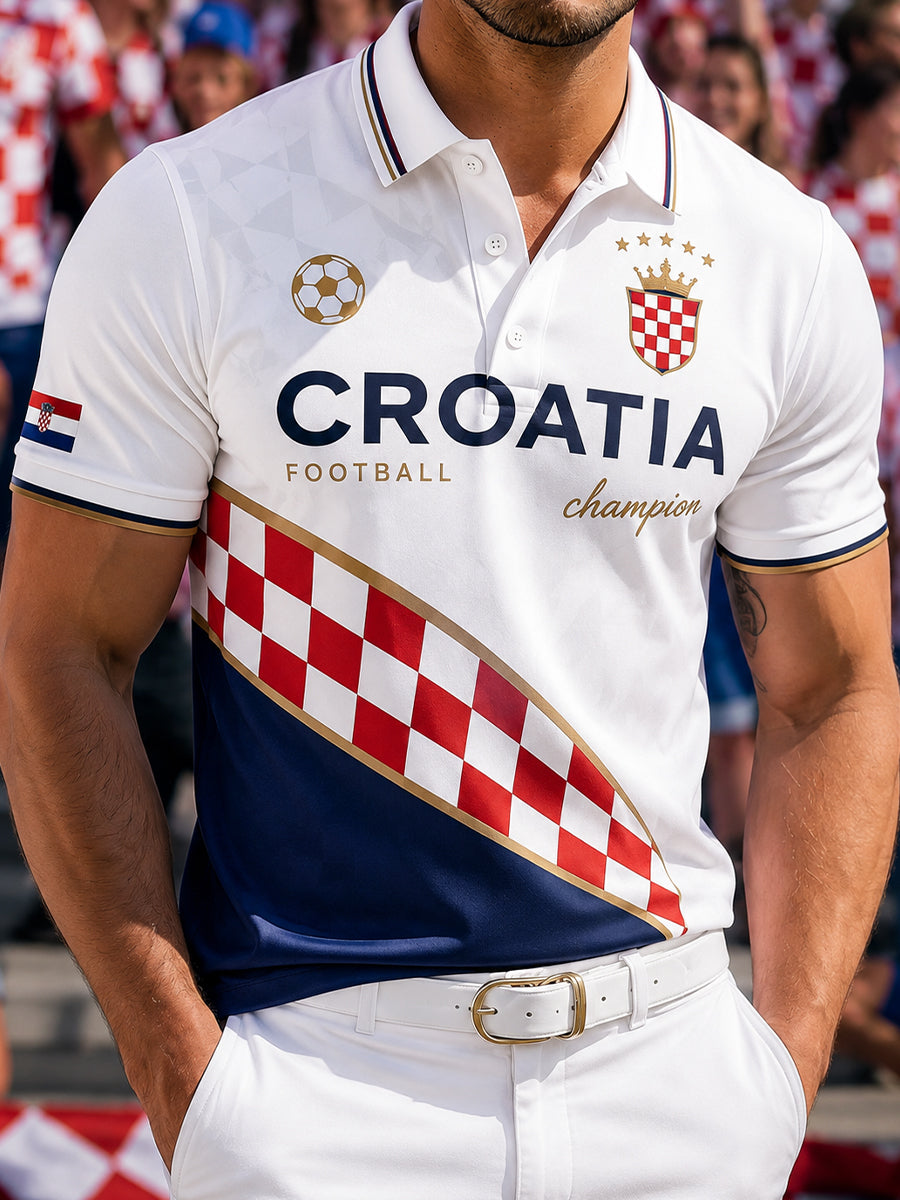 Muška majica polo s V-izrezom s umjetničkom grafikom navijanja na hrvatskoj nogometnoj utakmici
