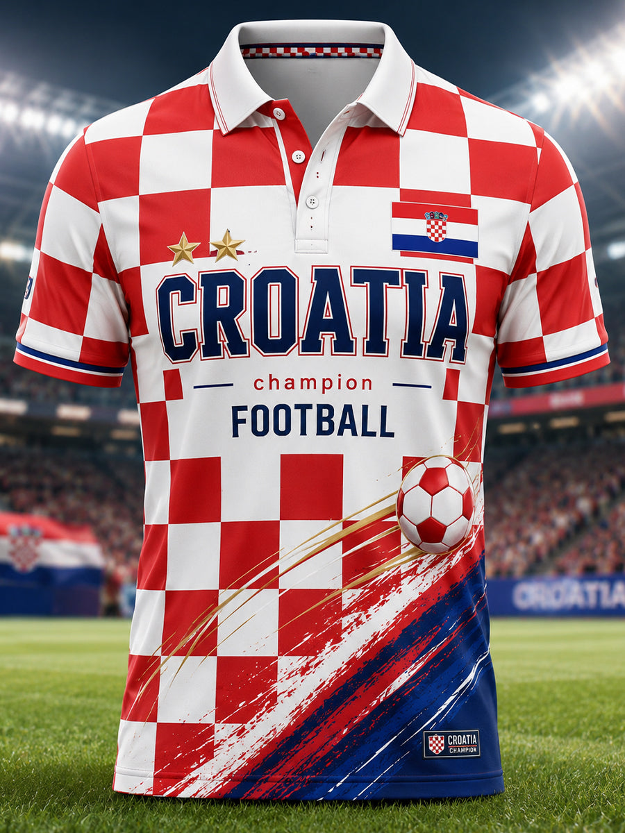Polo majica s umjetničkom grafikom koja prikazuje navijače na muškoj hrvatskoj nogometnoj utakmici