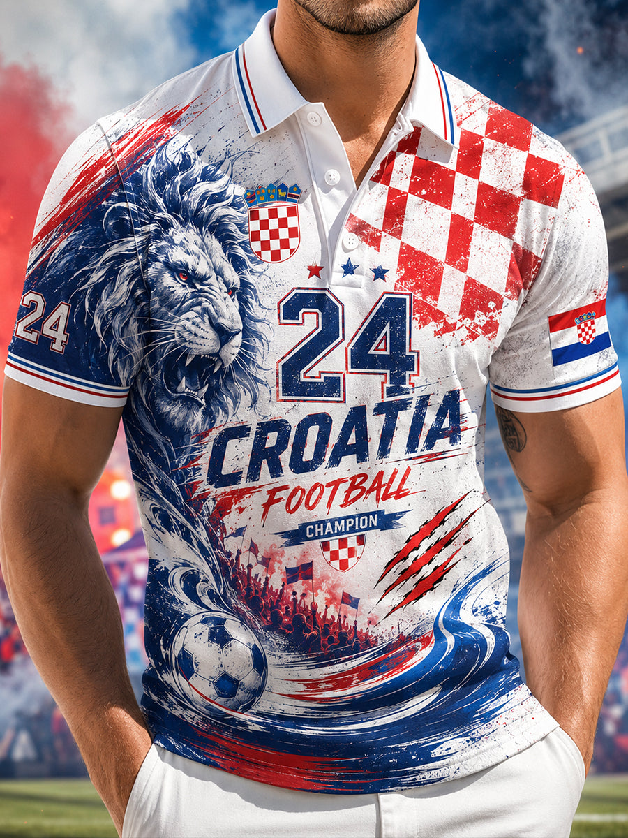 Polo majica s umjetničkom grafikom koja prikazuje navijače na muškoj hrvatskoj nogometnoj utakmici