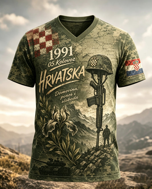 Muška hrvatski vojni domojski element Umjetnost Print V-vrat T-majica