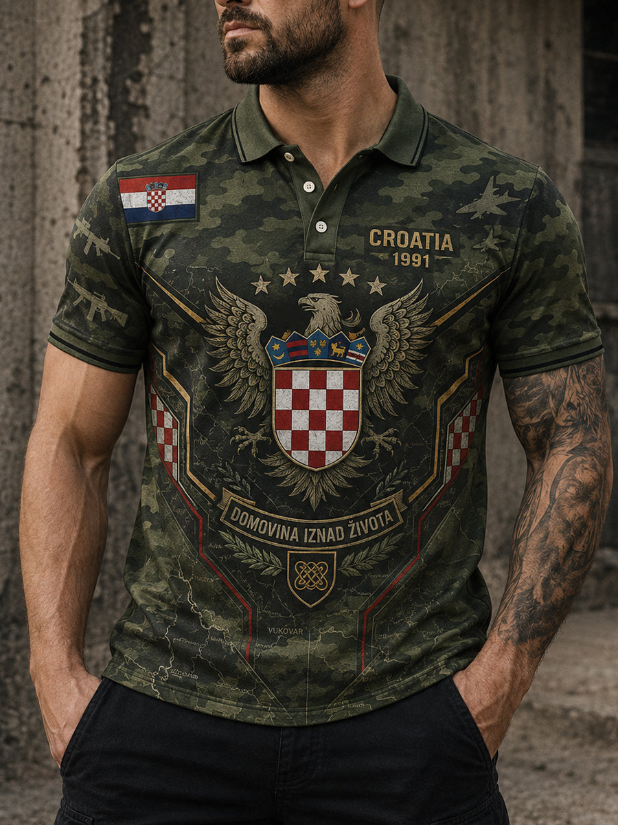 Muška majica polo s umjetničkim motivom hrvatske vojske i domoljublja