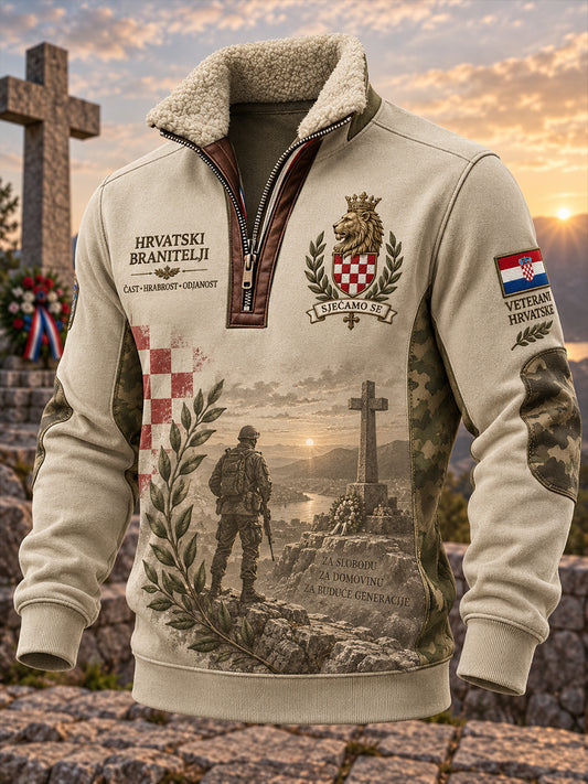 Muškarci Vintage Vojno-Inspirirana grafička ispis oplakivanje vrat Zip-Up dugačkog rukava