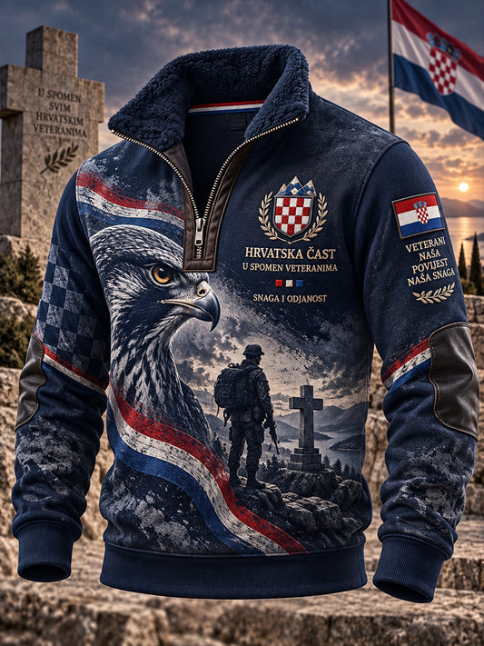 Muški vintage sportski pulover s kragnom i dugim rukavima, inspiriran vojnom modom, s grafičkim uzorkom i patentnim zatvaračem