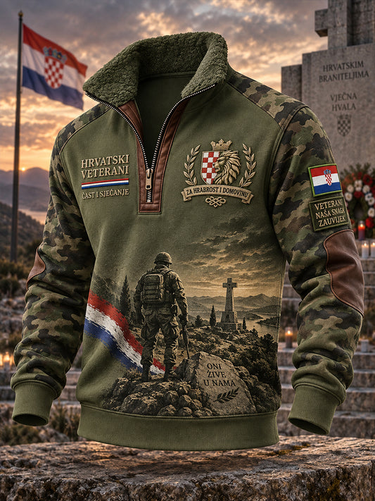 Muški vintage sportski pulover s kragnom i dugim rukavima, inspiriran vojnom modom, s grafičkim uzorkom i patentnim zatvaračem