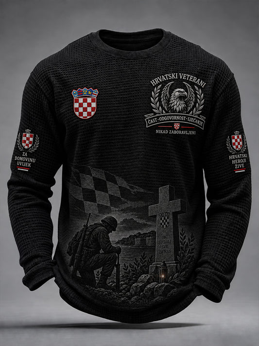 Muški majica s dugim rukavima od vafel tkanine s vojničkim motivom za veterane, s prigodnom grafikom