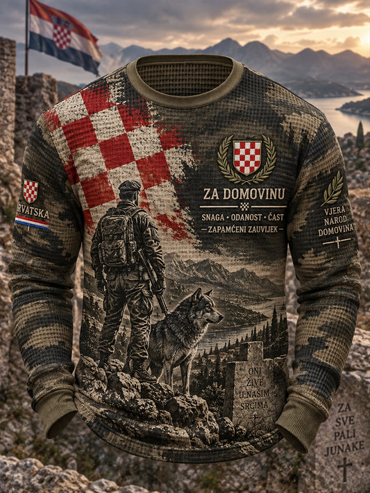 Muški majica s dugim rukavima od vafel tkanine s vojničkim motivom za veterane, s prigodnom grafikom