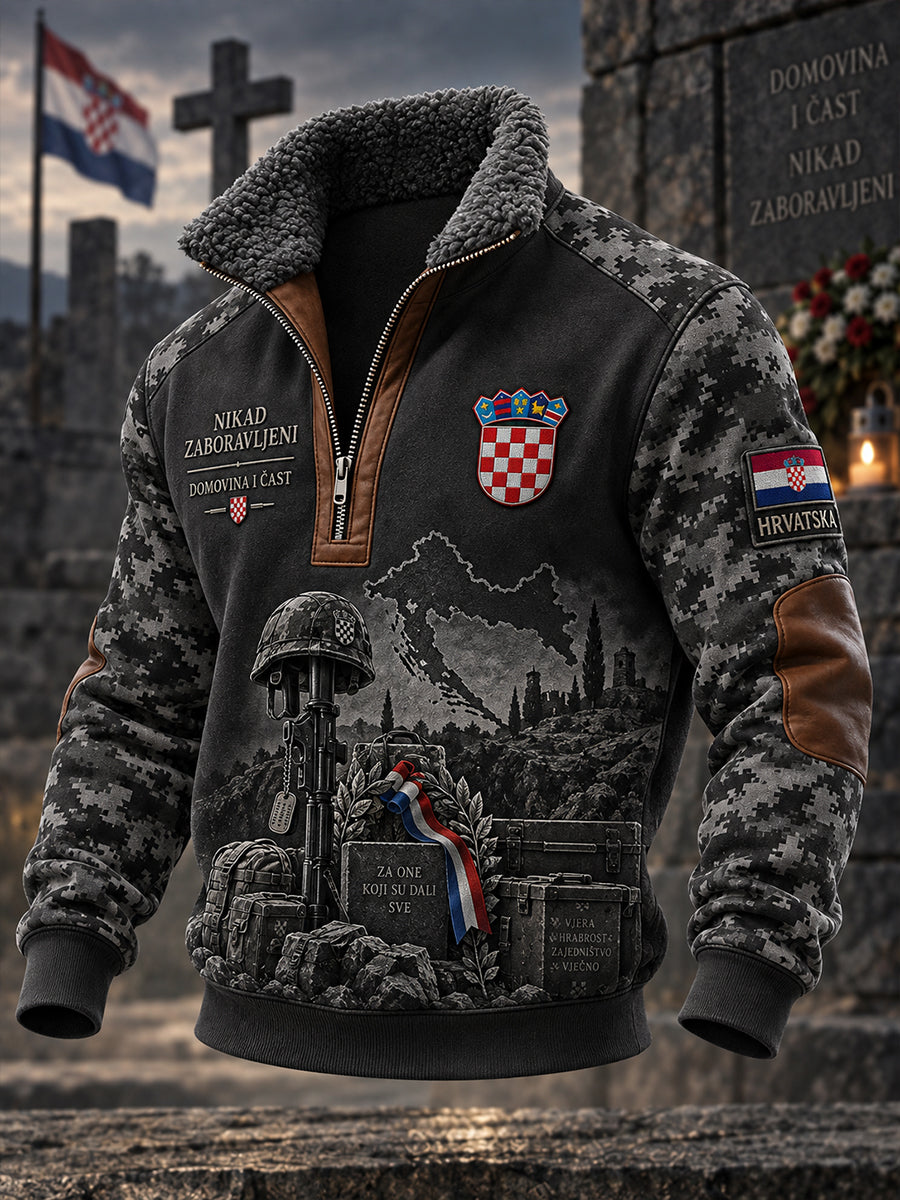Muški sportski džemper s visokim ovratnikom i dugim rukavima, s vojnom komemorativnom grafikom na veteransku temu