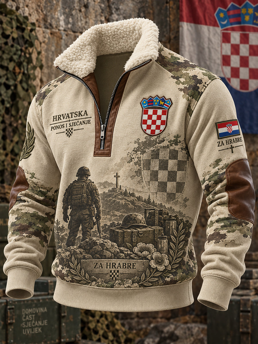 Muški sportski džemper s visokim ovratnikom i dugim rukavima, s vojnom komemorativnom grafikom na veteransku temu